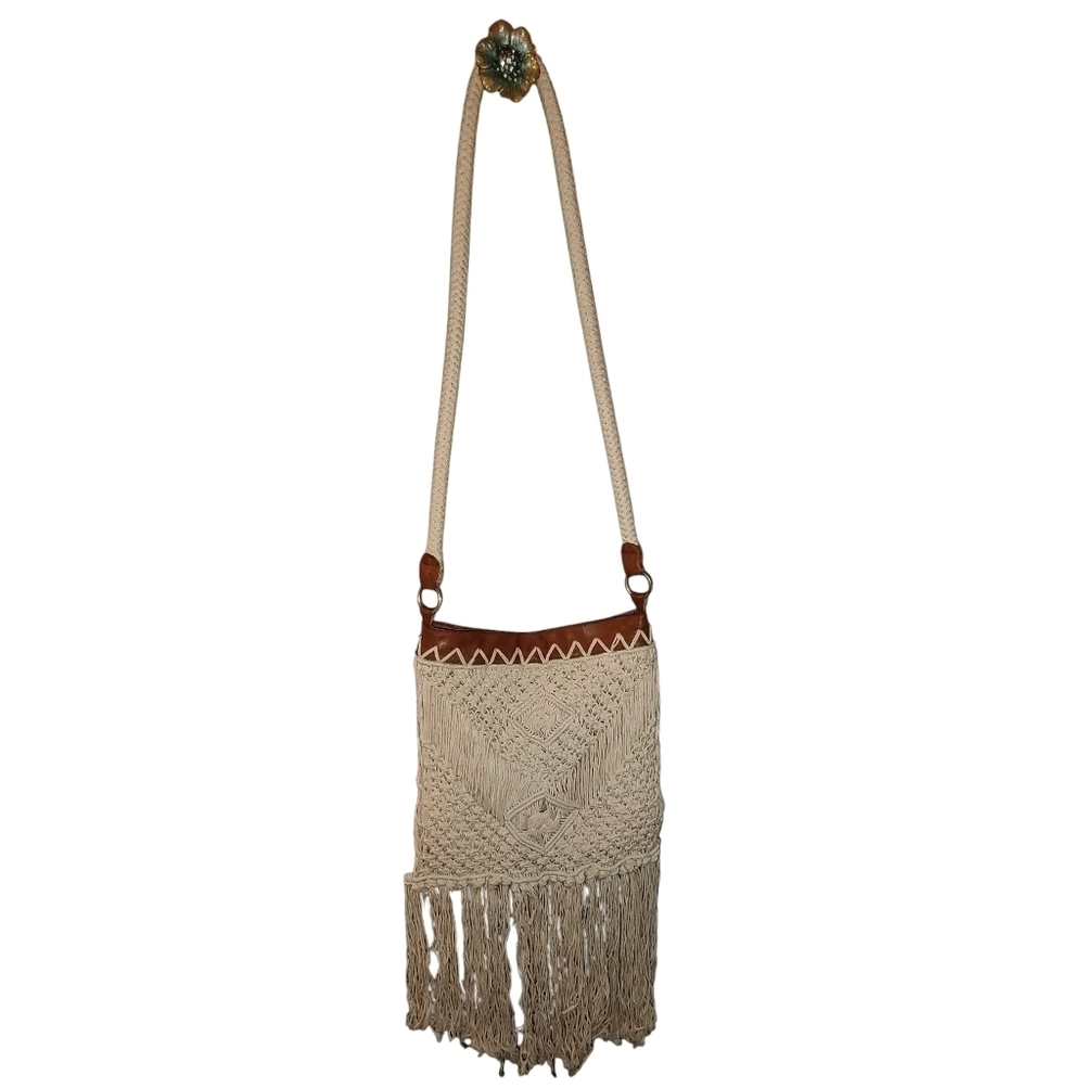 Cream and Brown Macramé Crossbody Bag - Picture 2 of 9